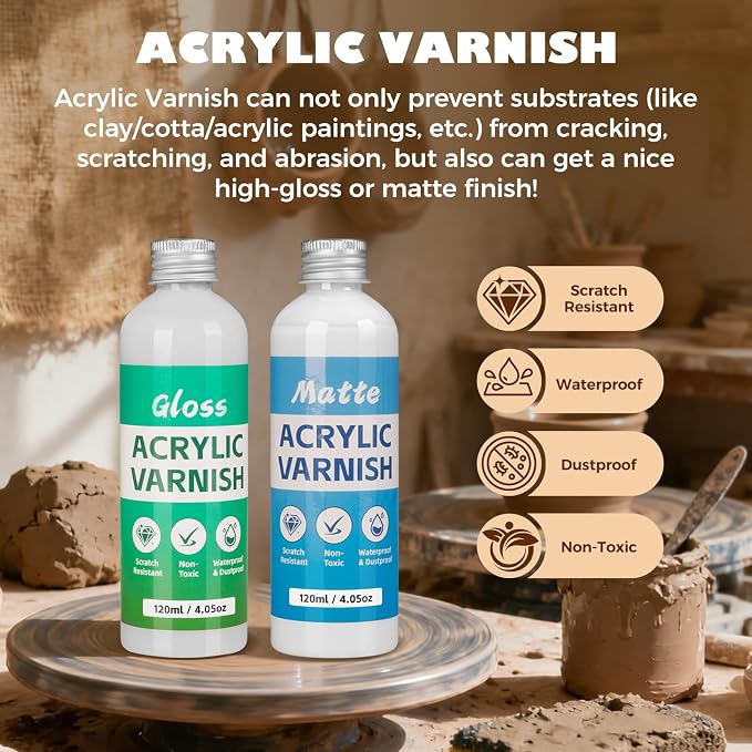 Sovol 240ml Air Dry Clay Glaze with 33pcs Clay Tools kit, Gloss & Matte Clay Varnish Protects Clay from Wear, Cracking, Scratches, Pottery Tools for Stippling, Carving, Molding, Shaping Clay Crafts