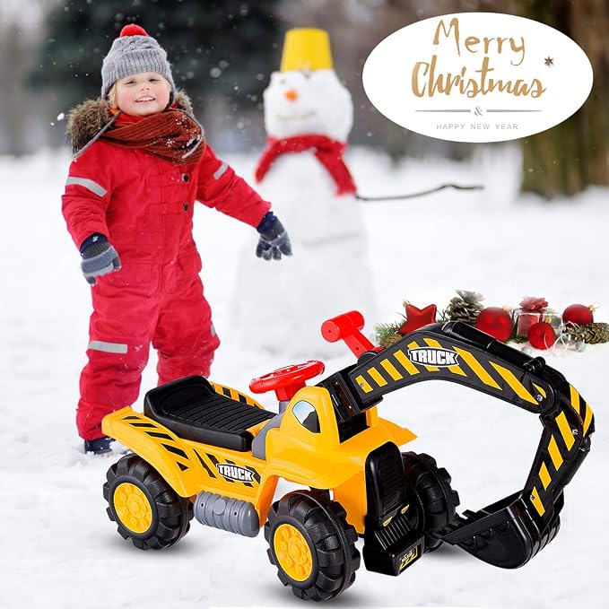 HONEY JOY Ride on Excavator, No Power Ride on Construction Vehicles for Kids, Helmet, 3 Toy Rocks, Adjustable Digger, Horn, Ride On Loader, Bulldozer Ride on Toy, Gift for Boys Girls