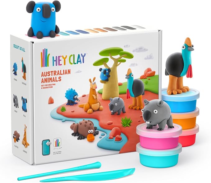 HEY CLAY Set - Colourful Modeling Air Dry Clay Kit for Kids 15 cans and Sculpting Tools with Fun Interactive Instructions App - Children 3+ (Australian Animals)