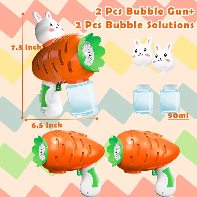 2 Pack Easter Lighted Bunny Bubbles Guns Toys for Kids Toddlers Boys Girls Easter Basket Stuffers, Light Up Bubble Blower Machine with Solution Kids Party Favors Outdoor Game Classroom Prize Gifts