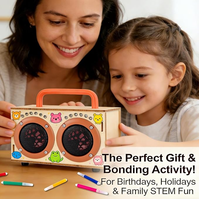 STEM Science Toys for Boys Girls Age 8-12, DIY Bluetooth Speaker Kit No Soldering, Wooden Electronics Building Set with LED Light, Build Your Own STEM Gift for Teens Kids Birthday