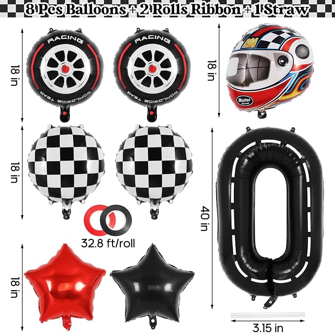 Race Car Birthday Balloons, Racetrack Number 0 Balloon, 40 Inch Large Foil Black 0 Balloon for Birthday Race Car Themed Party Decoration