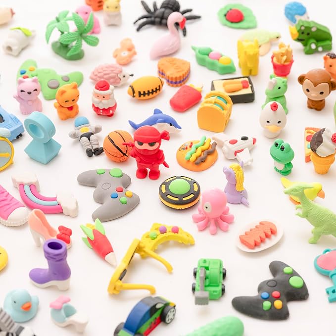 132pcs 3D Cute Kids Erasers, Random Desktop Pet Toys Gifts, Classroom Rewards Kids Party Gifts, Various Styles Such as Animals, Food, Plants, Space, Princess, Sports, Halloween, Christmas