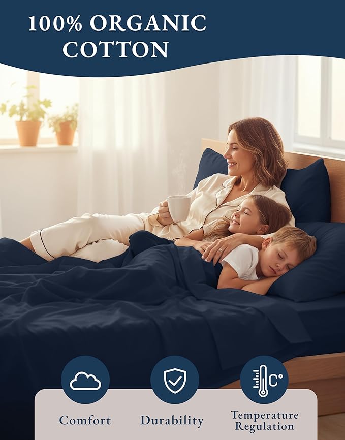 LANE LINEN Twin Sheet Set 100% Organic Cotton Cooling Soft 3pc - Navy | Twin Sheet Set, 100% Organic Cotton Percale - Great For Gifting, Easy-Care Machine Washable, Breathable For Year-Round Sleep