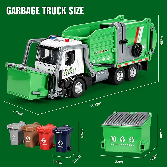 Garbage Truck Toys Diecast Metal Cab Front Loader Waste Management Garbage Truck for Kids and Toddlers Pull Back Trash Truck Toy Set with Lights and Sounds Garbage Truck Toys for Boys Age 4-7