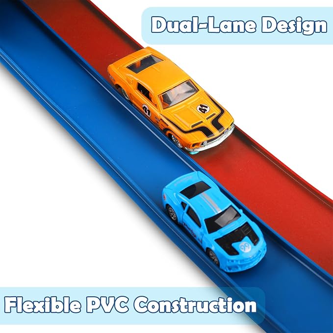 Flex Tracks 15 Ft Starter Set, Flexible Race Track for Kids 3+ with Strong Suction Cups, Flexible Car Track Race Car Ramp Track Compatible with 1/64 Diecast Cars, Portable Rolls Up Race Tracks
