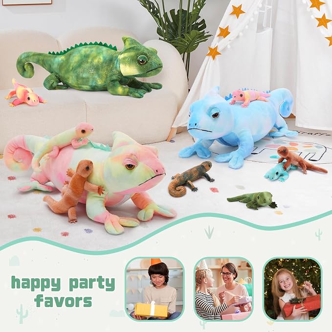 MorisMos 27" Giant Chameleon Stuffed Animal with Baby Lizard Toys Inside, 5Pcs Mama & Baby Stuffed Lizard Plush Toys for Kids, Realistic Rainbow Chameleon Plush Toy, Jungle Birthday Gift & Room Decor