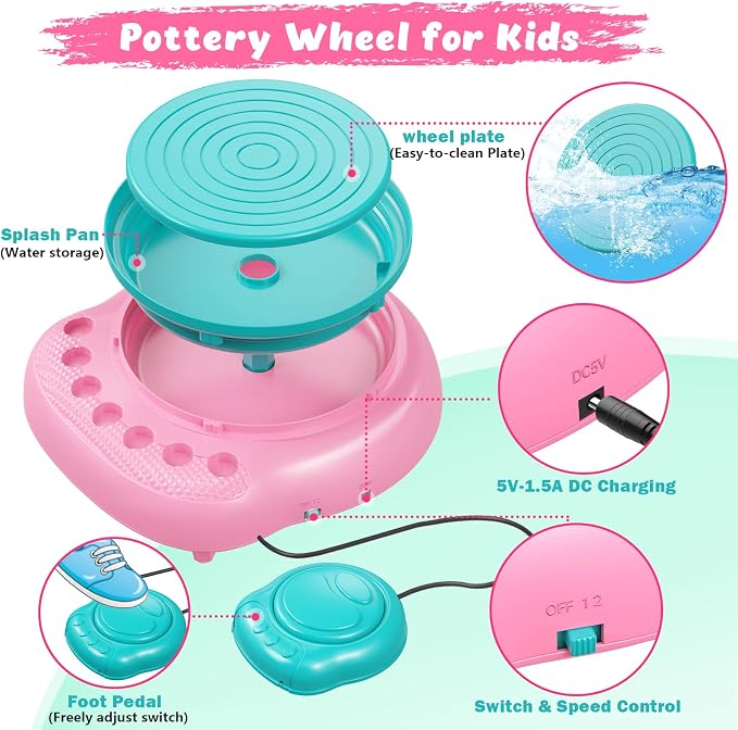 Pottery Wheel for Kids with Complete Clay Kit,Beginner Pottery Painting Set with Air Dry Clay,12 Paints,Sculpting Tools,Apron and Guide,Arts and Crafts Christmas Birthday Gift for Girls Boys Ages 6-12