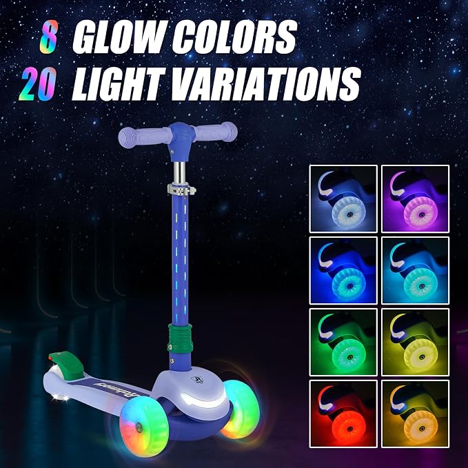 Rahmory Kids Scooter for Boys Girls Ages 3-8, 3 Wheel Light Up Toddler Kick Scooter with 20 Dynamic LED Modes, Foldable Adjustable Height, Extra Wide Deck, Lean to Steer Outdoor Toy Gift
