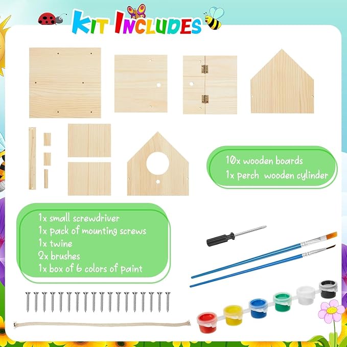 Liliful 24 Sets Wooden DIY Birdhouse Kit, Unfinished Bird Houses with Paints and Paintbrushes, Bird Feeder Craft Arts for Kids Ages 4-8, 8-12, Classroom Activity and Adults Wooden Craft Gifts