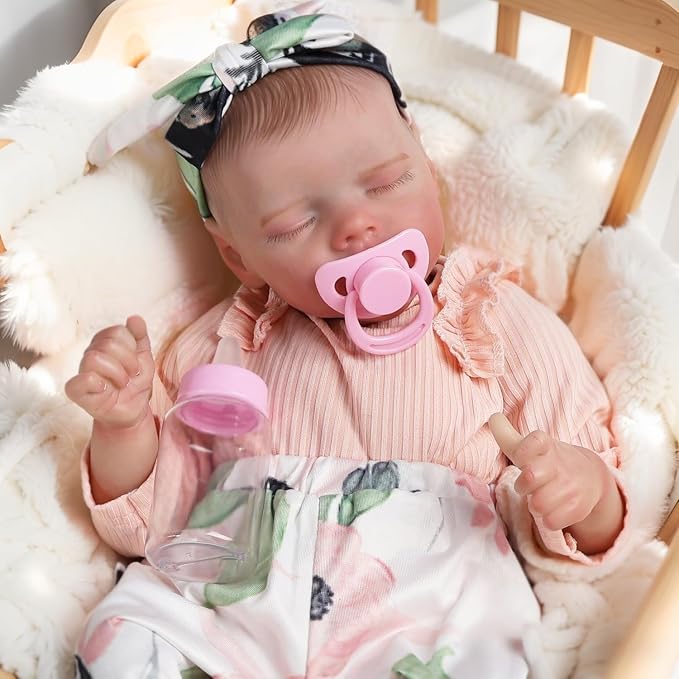 DAYOFFKIDS18Inch Sleeping Reborn Baby Doll, Realistic Newborn Baby Doll with Vinyl Body, Handmade Lifelike Washable Body Features, for Kids Ages 3+ (TwinAPink)