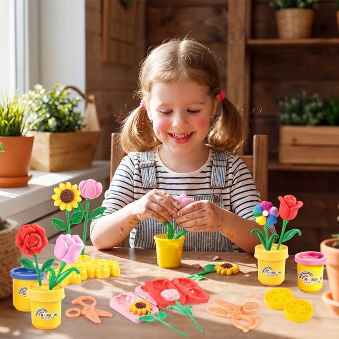 Yositochuan Flower Play Dough Set for Kids, 15PCS DIY Flower Clay Kit with Molds & Pot, Doh Art Craft Toy, Preschool Educational Sensory Gift for Boys Girls Ages 3 4 5 6 7 8