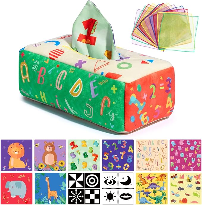 URMYWO Baby Tissue Box Toy, Montessori Baby Toys for 6-12 Months 1 Year Old Boy Girl, Soft Crinkle Sensory Toys for Infant Toddlers, Stocking Stuffers, Baby Boy Girl Gifts