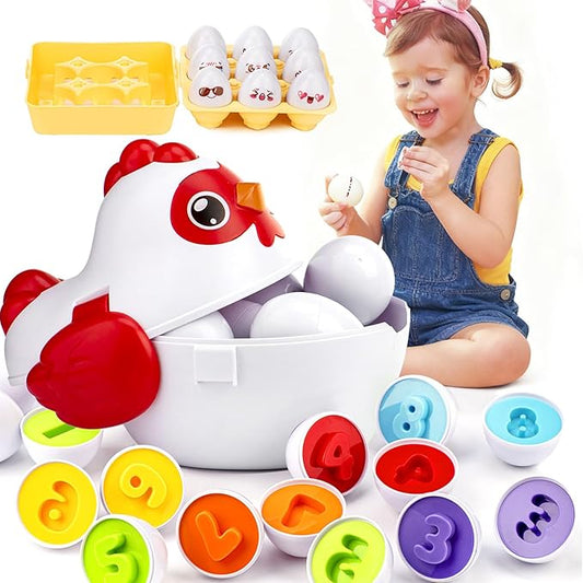 VROGTIK Easter Egg Matching Game, 24-Piece Easter Basket Stuffers for Kids, Color Shape Number Recognition Educational Toddler Toys, Chicken Storage Box Preschool Learning Toy for Boys Girls
