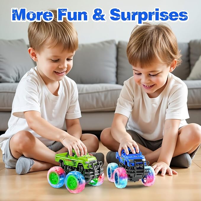 LODBY Monster Trucks Toys for Toddlers, Light-Up Trucks & Cars Toys for 2 3 4 5 6 Year Old Boy Christmas Birthday Gifts, Kids Push and Go Cars with Flashing Wheels (2 Pack)