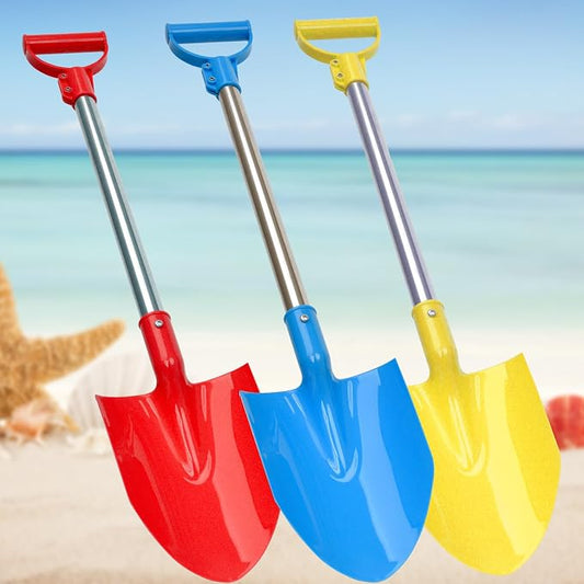 Beach Shovels for Kids,3PC 26Inch Beach Sand Shovels Toys for Digging Heavy Duty Stainless Steels with D-Grip Handle Sturdy Scoop Seaside Kids Tool Lightweight Gift Set（Blue Red Yellow）