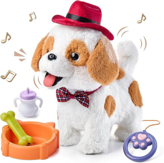 OR OR TU Walking Barking Toy Dog with Remote Control Leash, Plush Puppy Electronic Interactive Toys for Kids, Wag Tail, Singing, Pretend Dress Up Realistic Stuffed Dog Age 3 4 5 6 Years Old Best Gift