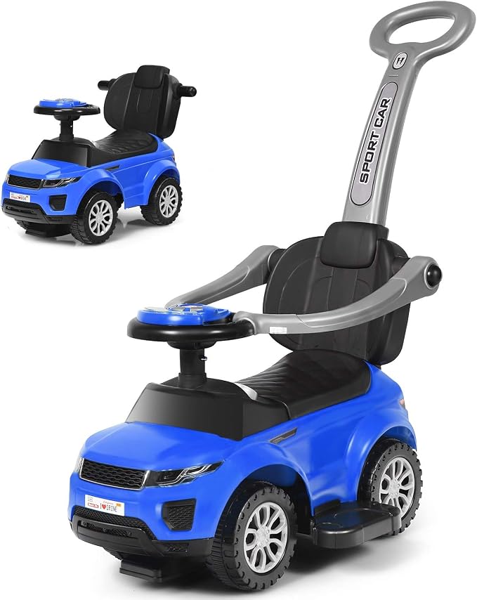 Costzon 3 in 1 Ride on Push Car, Stroller Sliding Walking Car with Horn, Music, Light, Under Seat Storage, Parental Handle, Armrest Guardrails, Ride on Toy for Boys & Girls (Blue)