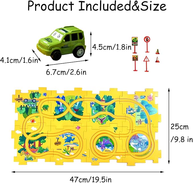 4 Year Old Boy Birthday Gift, Puzzle Racer Kids Car Track Set Puzzle Racer Car Track Set with Roadmap Puzzle Track Car Play Set Toys for 4 Year Old Boys (B-Dinosaur, set2-15PCS)