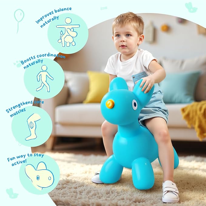 ZOOJOY Bouncy Animal Hopper, Blue Balloon Dog Bouncy Toys for Toddlers 18M+, Inflatable Ride-on Hopping Toys with Pump for Indoor & Outdoor Play, 2 3 4 5 6 7 Years Birthday Gift for Boys & Girls