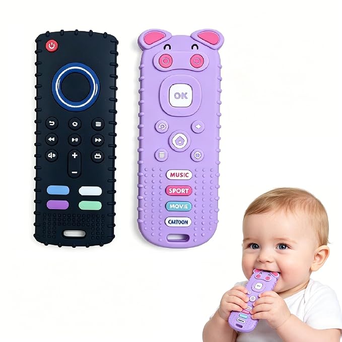 SOLIFEGOBLE 2 Pack Silicone Teething Toys, Cute Pig-Shaped Remote Control Style Teethers for Babies 6-18 18-24 Months, BPA-Free Soft Chew Toys for Teething Relief (Black+Purple)