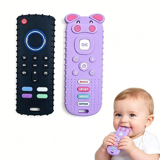 SOLIFEGOBLE 2 Pack Silicone Teething Toys, Cute Pig-Shaped Remote Control Style Teethers for Babies 6-18 18-24 Months, BPA-Free Soft Chew Toys for Teething Relief (Black+Purple)