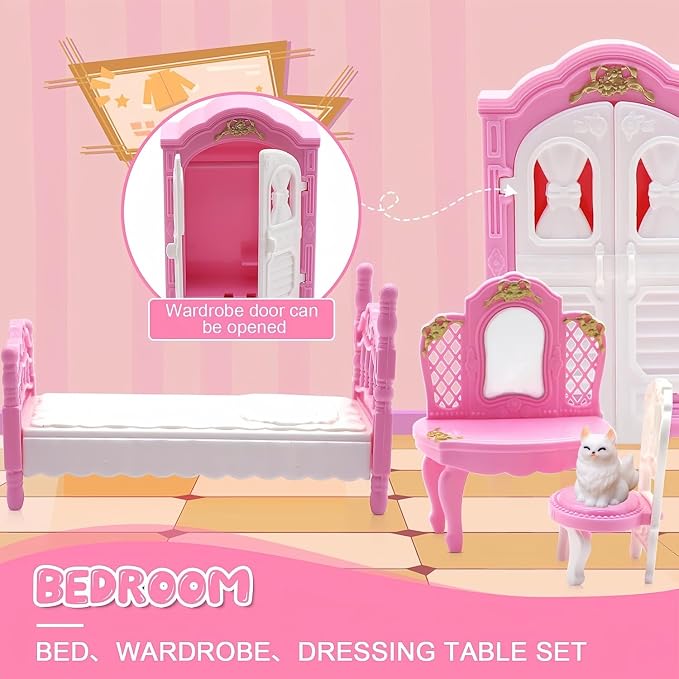 36Pcs Dollhouse Furniture Sets,Miniature 1:12 Scale Doll House Accessories and Furniture with Cat,Dog,Kitchen, Dining Room, Living Room,Bedroom for Playhouse Toy(Pink)