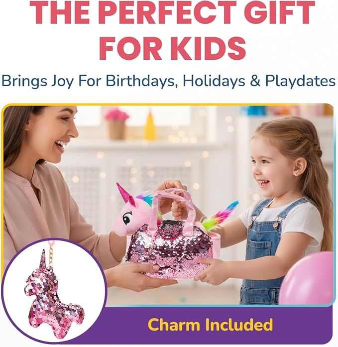 Little Jupiter Plush Pet Set w/Purse - Unicorn Stuffed Animals for Girls - Unicorn Plush - Stuffed Unicorns - Gift for Age 4-5 - 6-7 yrs (Pink Unicorn)