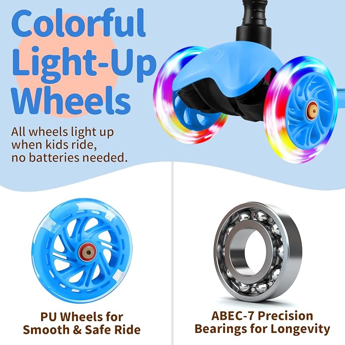 BELEEV A1 Scooter for Kids Ages 2-6, 3 Wheel Kick Scooter for Toddlers Girls Boys, Light up Wheels, Adjustable Height, Lean to Steer, Non-Slip Deck, Lightweight Push Scooter for Children