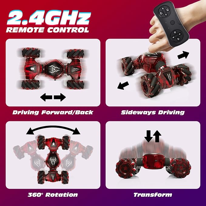 Tecnock Remote Control Car for Boys Girls, 2.4GHz 4WD Gesture Sensing RC Stunt Car Toys - 360° Rotating Double Sided Hand Controlled RC Cars with LED Lights, Gifts for Kids Ages 6-8, 8-12