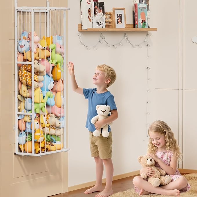 SWTYMIKI Hanging Stuffed Animal Storage - Over Door Large Plush Toy Organizer, Wall Mounted or Corner Stuffie Storage for Nursery, Doll & Bear Plush Organizer for Kid Room Bedroom (White, 3-Tier)