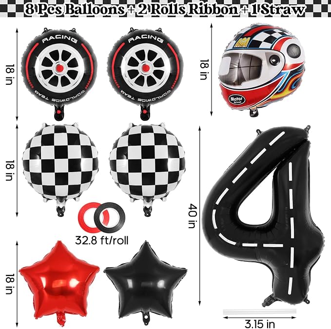 Race Car 4 Balloons, 40 Inch Racetrack Number 4 Balloon, Large Foil Mylar Racetrack Black 4 Balloon for 4 Year Old Birthday Race Car Themed Party Decoration