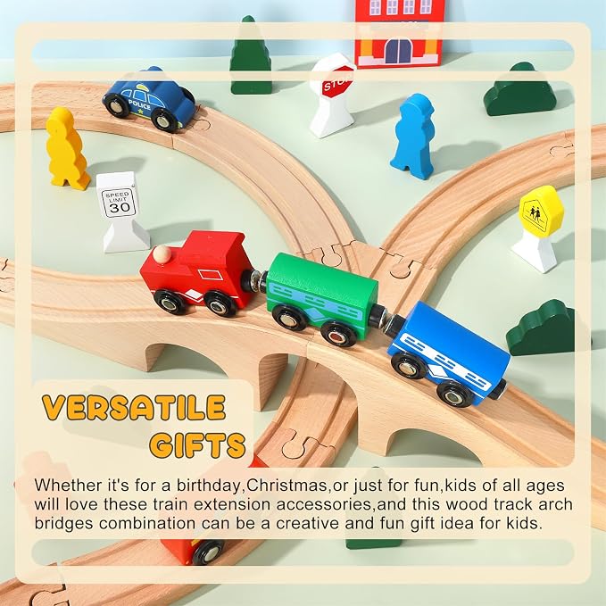 JarThenaAMCS 24Pcs Wood Train Track Expansion Set Wooden Track Connectors Adapters and Bridges Straight Wooden Train Tracks Accessories for Most Major Toy Railway