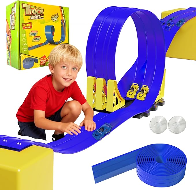 16.5ft Build Anywhere Portable Race Track with Suction Cups - Flexible Roll-Up Design Fits 1/64 Scale Cars, Portable Toy Gift for Kids 4+ Year Old (3 Tracks/Blue)