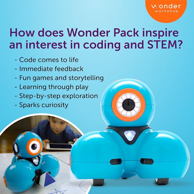 Wonder Workshop Dash Robot Wonder Pack – Coding Educational Bundle for Kids 6+ – Free STEM Apps with Instructional Videos - Launcher Toy, Sketch Kit Drawing, Gripper Building