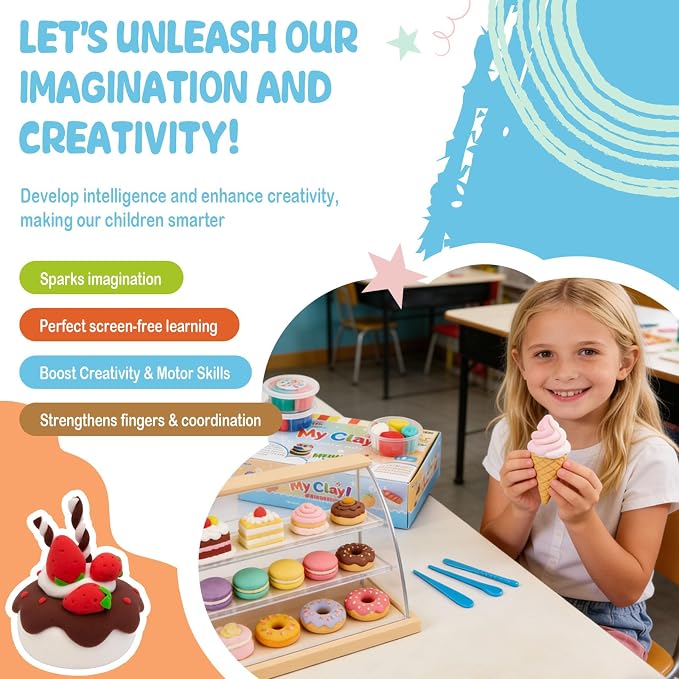 Dessert Clay Kit for Kids – 6 Sweet Treat Themes with Tools & Tutorial Cards | Cupcake Cookie Cake DIY | Soft Non-Sticky Air Dry Clay | Arts & Crafts Gift Ages 3+