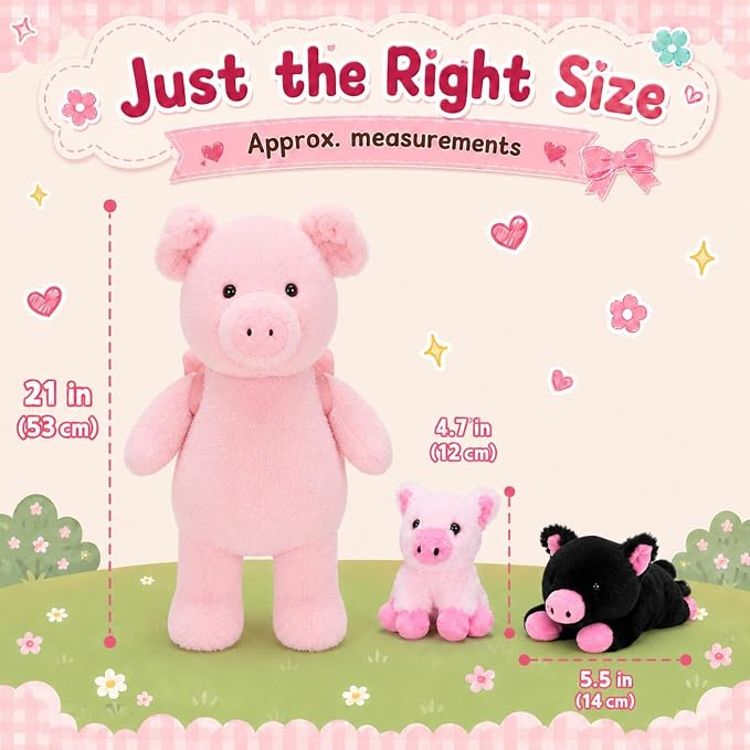 Pig Plush Toy Set, 21" Large Mother Pig Stuffed Animal with 2 Baby Pigs and Removable Backpack, Soft Farm Animal Plushies for Kids, Birthday