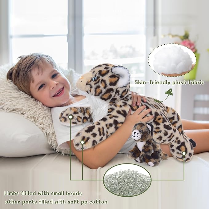 MorisMos Cheetah Stuffed Animal with Babies for Girl Kid,18'' Large Mommy Cheetah with Cub Plushies,Mama and Baby Leopard Stuffed Animal Plush Toys,Realistic Leopard Toy Gifts for Birthday Party Decor