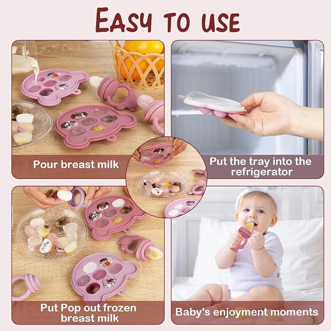 Baby Breastmilk Popsicle Molds & Baby Fruit Feeder (4 Pack), Infant Food Freezer Tray Storage Containers, Silicone Teething Pacifier Feeder and Teether for Babies,Silicone Feeder(Pink)