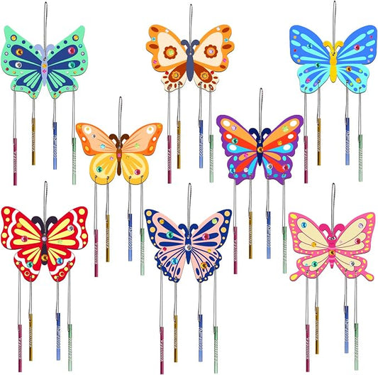 Fennoral 8 Pack Butterfly Wind Chime Kits for Kids Make Your Own Butterfly Wind Chimes Wooden Arts and Crafts Ornaments DIY to Paint Butterfly Craft for Summer Art Activity Birthday Gift Decoration