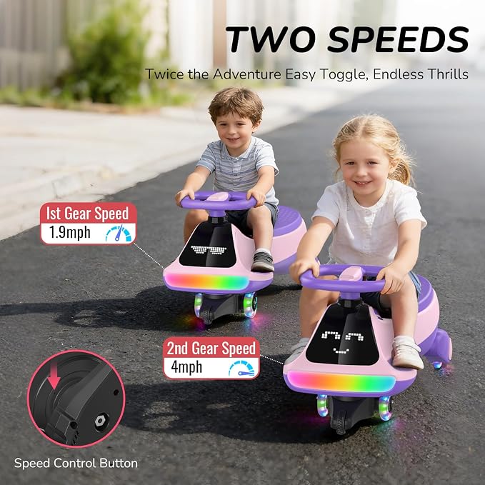 Umatoll 12V Electric Wiggle Car for Kids with Pedal, Display, Rechargeable Battery, LED Light, Bluetooth, Light-Up Wheels, Anti-Rollover, 2 Speeds, Ride on Toys, Birthday Gifts for Age 3+, 150Lbs