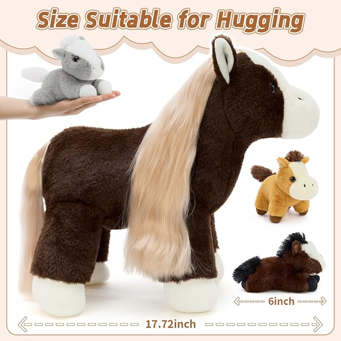 Tezituor 4Pcs Horse Stuffed Animal with Long Hair, 18 Inch Large Mommy Horse with 3 Baby Ponies Plush Set, Realistic Farm Pony Body Pillow Gift for Girls Boys