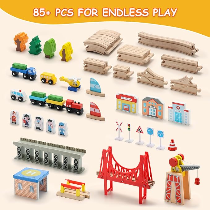 SainSmart Jr. Wooden Train Table – Kids Play Table with Built‑in Storage & Wooden Train Set | Toddler Activity Table Set for Ages 3+, Compatible with Major Wooden Train Brands