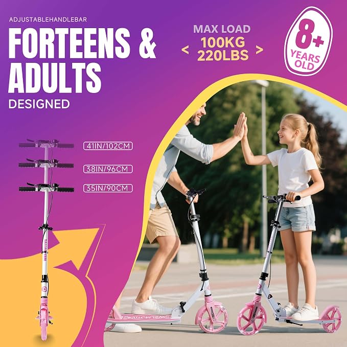 Kick Scooter for Kids Ages 8+ Teens & Adults, with Front handbrake and Rear Brake, and Adjustable Handlebars, Big Sturdy PU Flash Wheels Great Gift & Toy