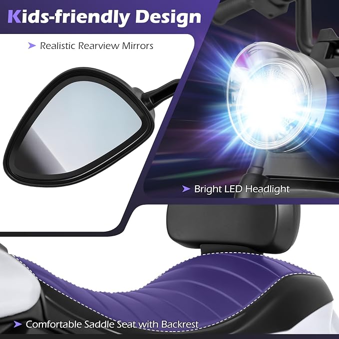 Costzon Kids Motorcycle, 6V Chopper Motorbike Ride on Toy with Headlight, Music, Training Wheels, Electric Toddler Motorcycle for Kids Boys Girls, Gift (White, 31" x 23" x 22"(L x W x H))