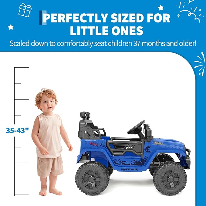 Hetoy 12V Ride on Toys with Parent Remote Control Toddler Electric Vehicle with Spring Suspension, LED Lights, Bluetooth, Music Player, 3 Speeds Ride on Car Truck for Kids Age 3-8 (Blue)