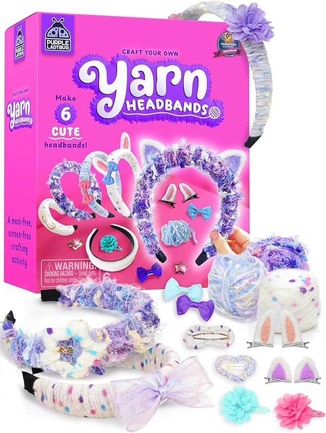 PURPLE LADYBUG Yarn Headbands for Girls - Great 5 Year Old Girl Gifts, Fun 7 Year Old Girl Birthday Gifts Idea, Girls Hair Accessories, Arts and Crafts for Kids Ages 6-8, Make Your Own Kids Headbands