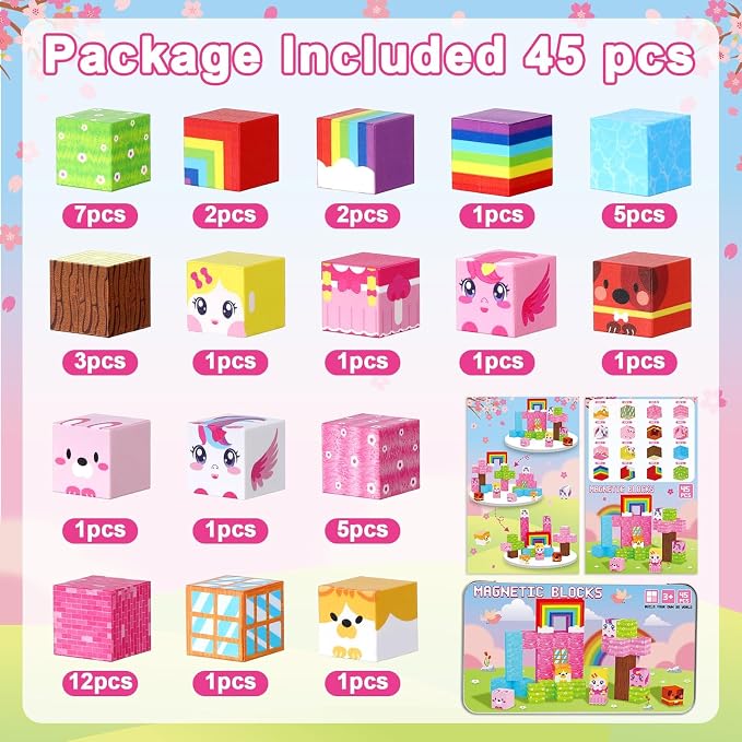 QOUBAI 45PCS Mini Magnetic Blocks Travel Toys, Magnet Building Cubes Tiles Set with Portable Iron Case, Learning Activities Gifts for Kids Toddlers Boys & Girls Ages 3-8 (Unicorn Rainbow)
