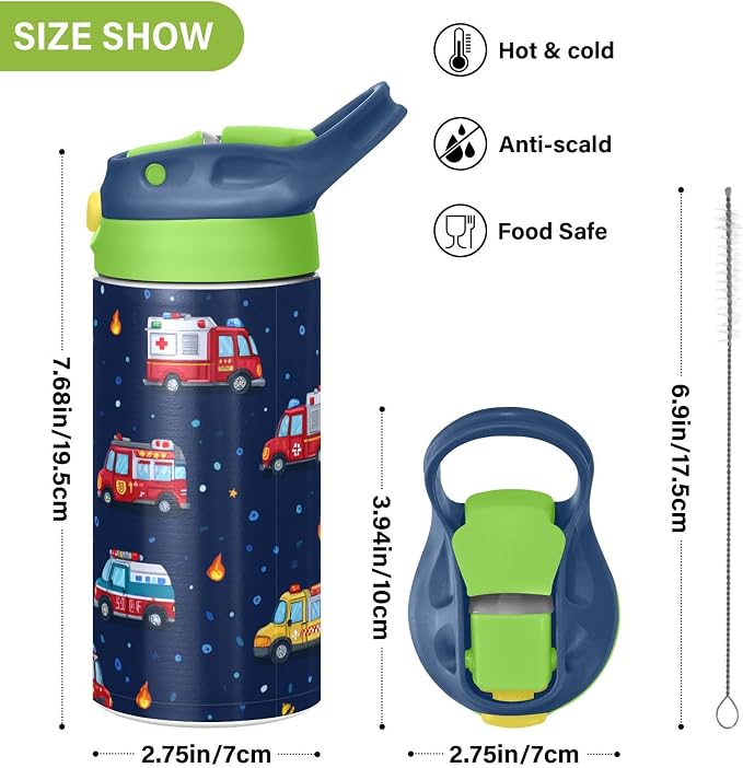 Boccsty Cartoon Ambulance Car Kids Water Bottle with Straw Lid Firefighter Fire Truck Insulated Stainless Steel Reusable Tumbler for Boys Girls Toddlers 12 oz Green