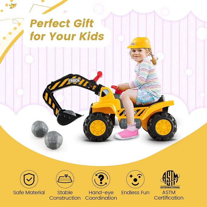 Costzon Ride on Excavator, Kids Excavator Digger Bulldozer W/Safety Helmet, 3 Rocks, Horn, Under-seat Storage, Construction Vehicles for Kids, Ride on Toys for Boys Girls Toddlers
